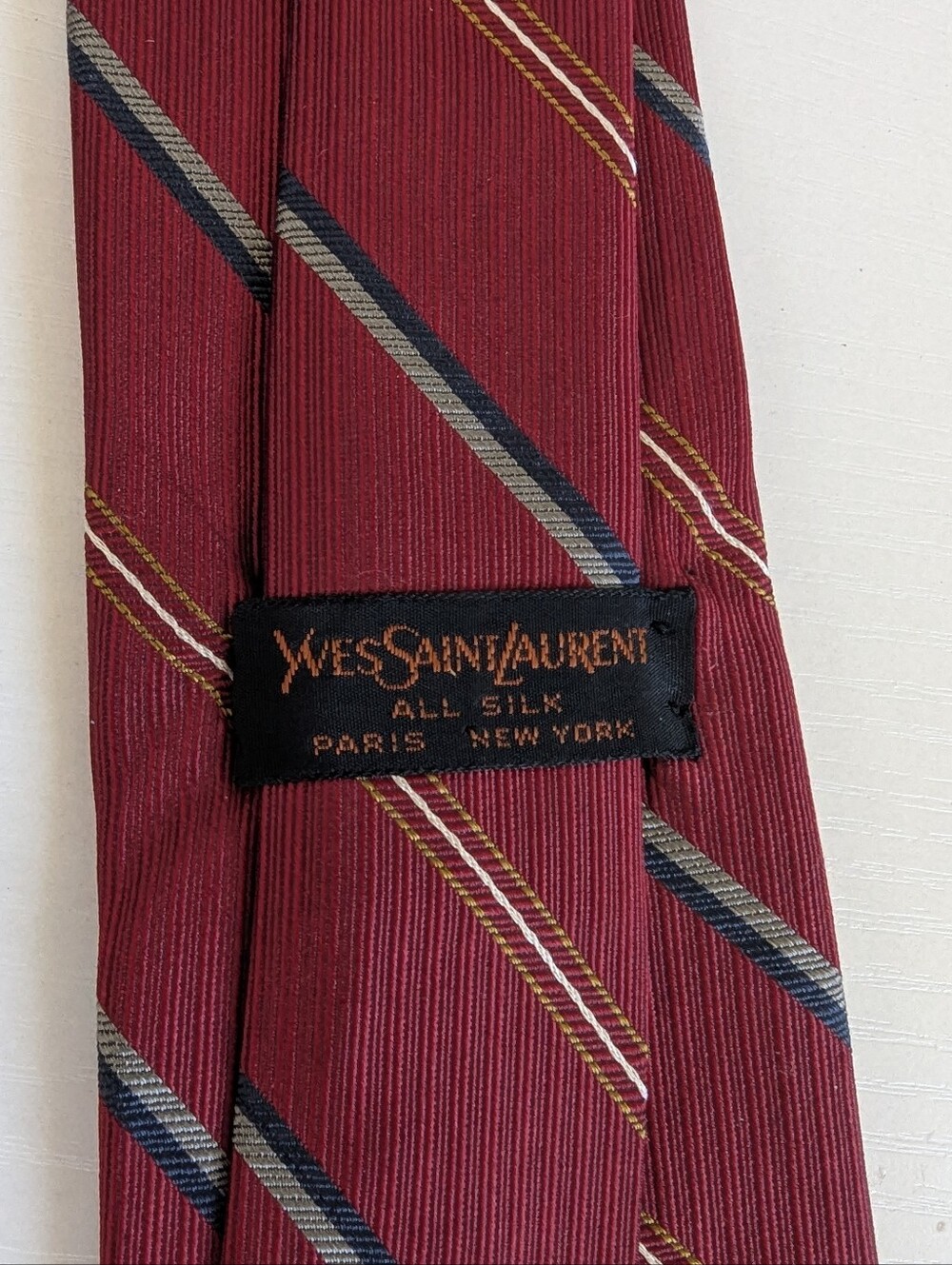 Yves Saint Laurent Burgundy Silk Tie with Navy and Gold Diagonal Stripes